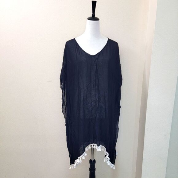 Moss Rose Black Playful Loose Swim Cover Trim Kaftan Chiffon Tassels O/S - Picture 1 of 6